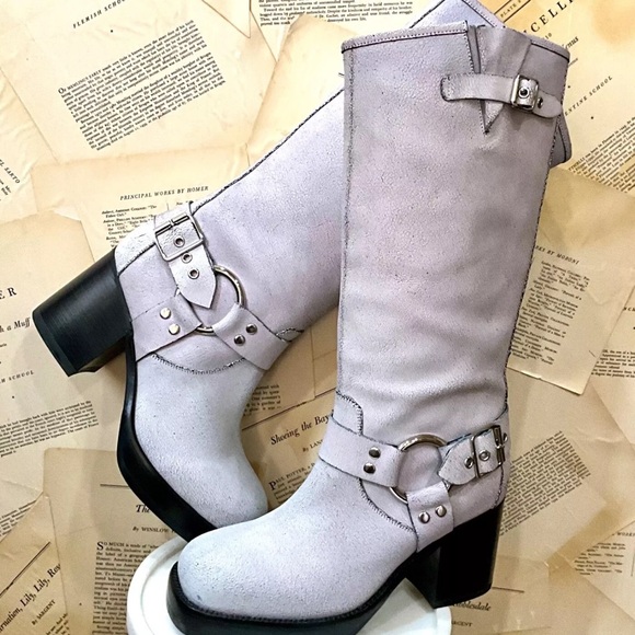 Anthropologie Jeffrey Campbell Tall Boots Harness Crackle Gray Leather - Picture 2 of 9